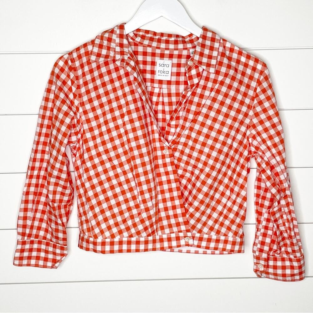 Sara Roka Jinny Gingham Cropped Wrap Shirt Orange White Size 42 Italy 6/8 US